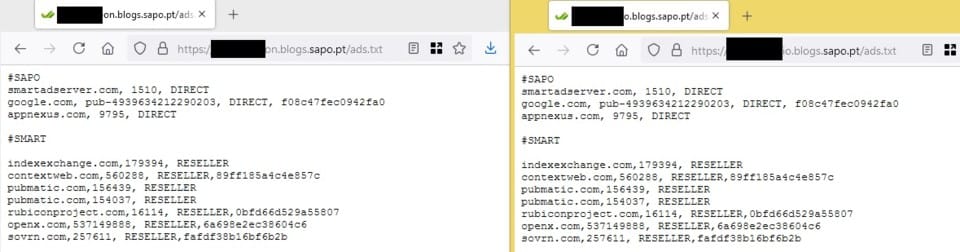 Ads.txt de espaços pertencentes ao Sapo Blogs