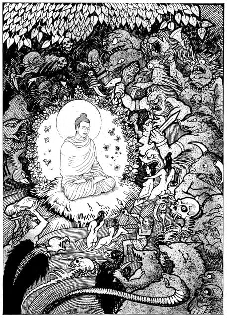 Sidarta Gautama, o Buda, a confrontar Mara