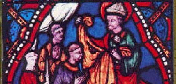Um vitral que mostra este bispo e santo Um vitral que mostra este bispo e santo
